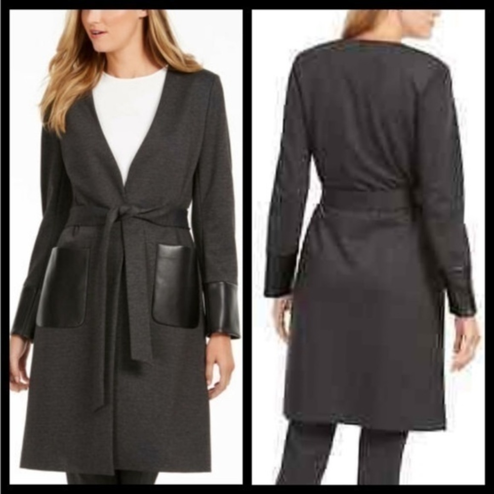 Calvin Klein Women's Faux Leather Trim Belted Cardigan Black Size 4